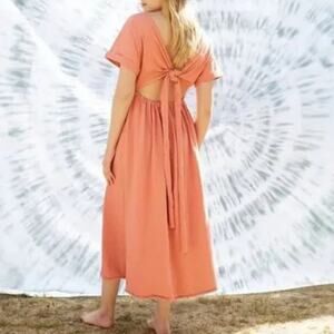 Free People Beach Sz S Sorrento Midi Cutout Tie Dress Pink 100% Cotton Natural